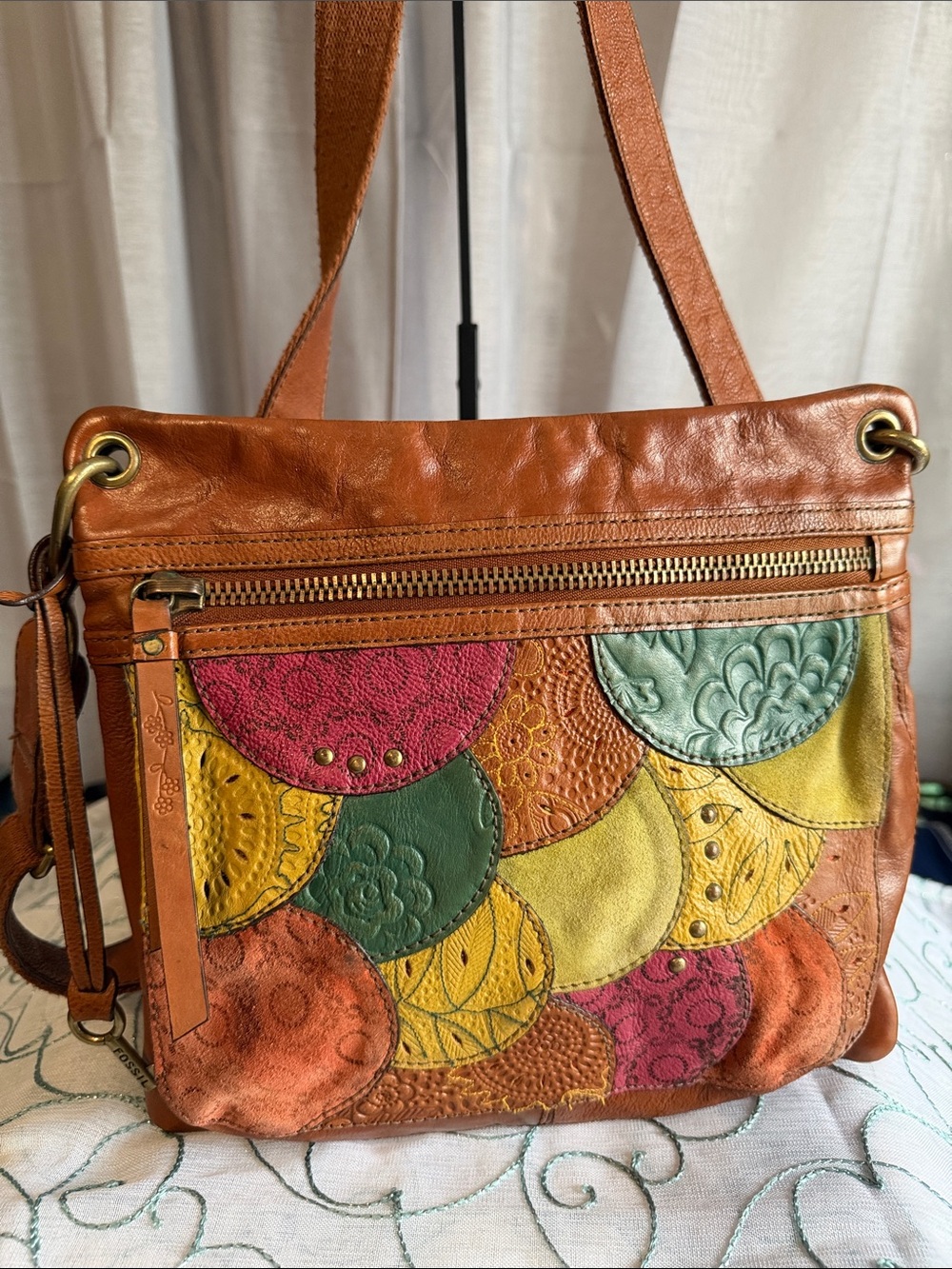 Fossil Leather Shoulder Bag with Multicolor Patchwork Circles